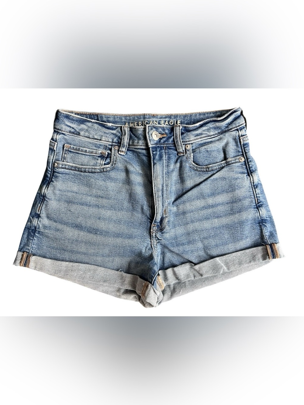 American Eagle Womens 6 Roll Cuff Blue Stretch MOM SHORT Denim Shorts Med Wash